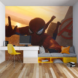 Spiderman wallpaper creating an epic backdrop in a teen gaming room