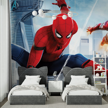 Marvel superhero wallpaper bringing action to a modern kids bedroom, showing Spiderman and Iron Man in dynamic poses