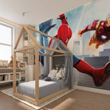 Superhero wall mural displayed in a teen gaming room, featuring dramatic cityscape and hero action