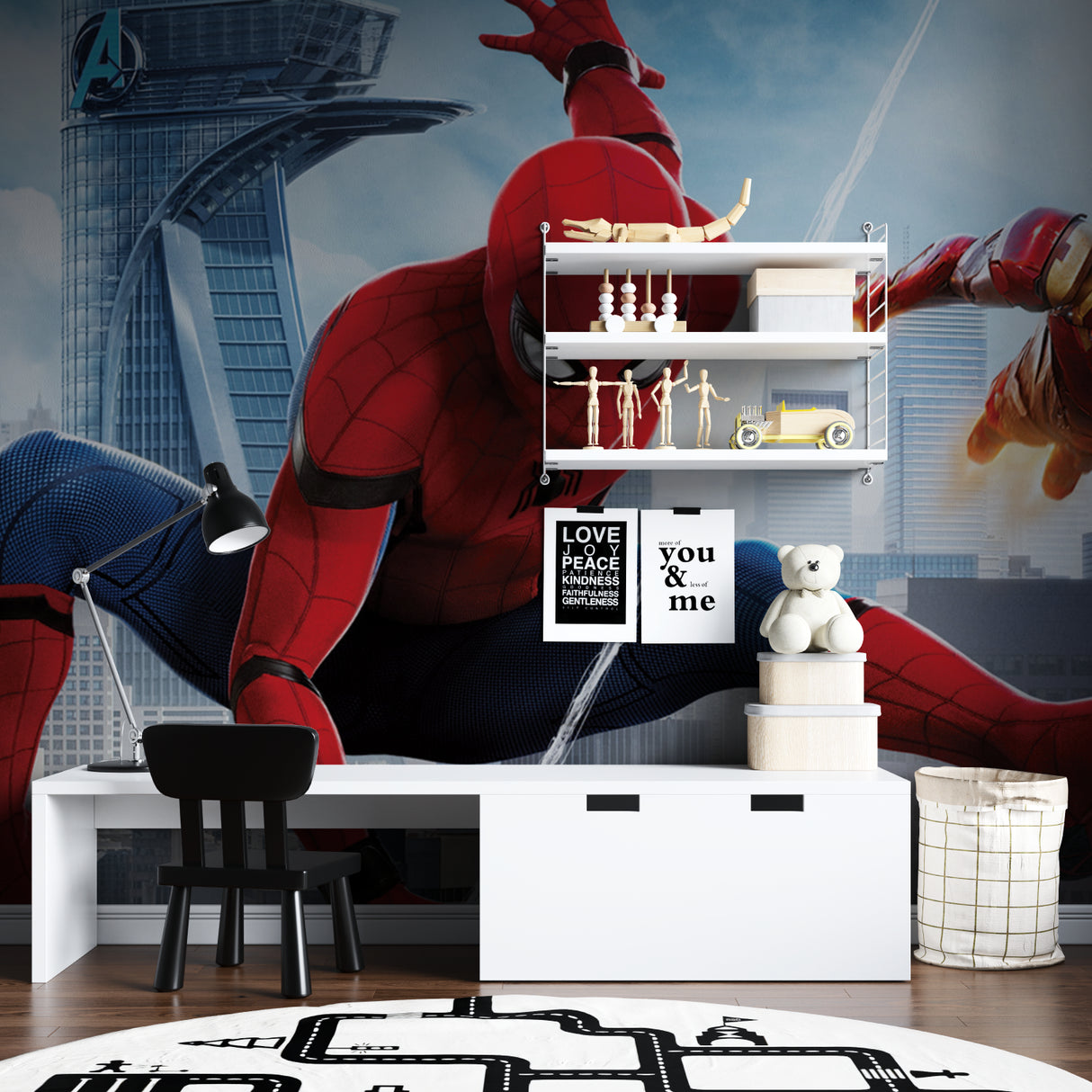 Marvel heroes mural creating impact in a playroom setting with natural lighting