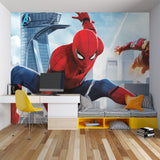 Action-packed superhero wallpaper transforming a family room with bold colors