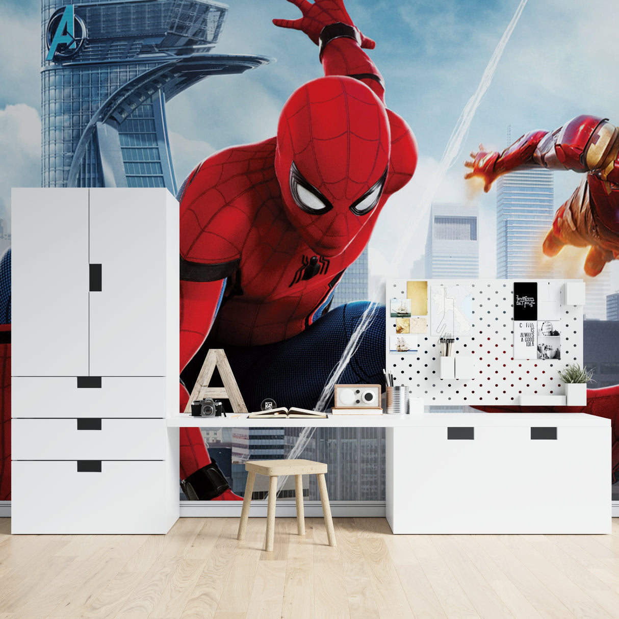 Superhero mural installed in a modern bedroom showing scale and drama