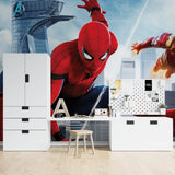 Superhero mural installed in a modern bedroom showing scale and drama