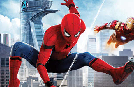 Design file showing detailed Marvel superhero pattern with Spiderman and Iron Man