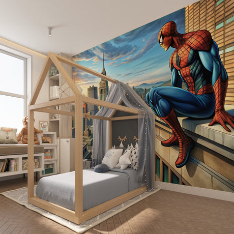Spider-Man city wallpaper in modern kid's bedroom showing scale and vibrant colors
