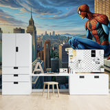 Superhero wall mural in gaming room with console setup