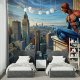 Comic book mural in playroom with reading nook setup