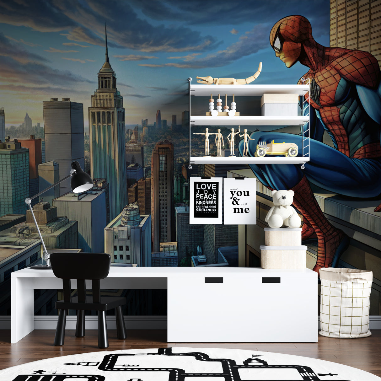 Superhero wall art in collector's room showing detail
