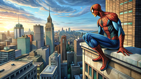 Spider-Man city skyline design file showing full pattern and sunset colors
