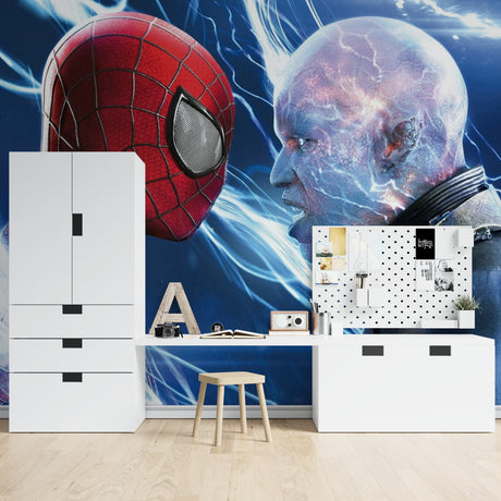 Spider-Man battle scene mural wallpaper in modern teen bedroom with gaming setup