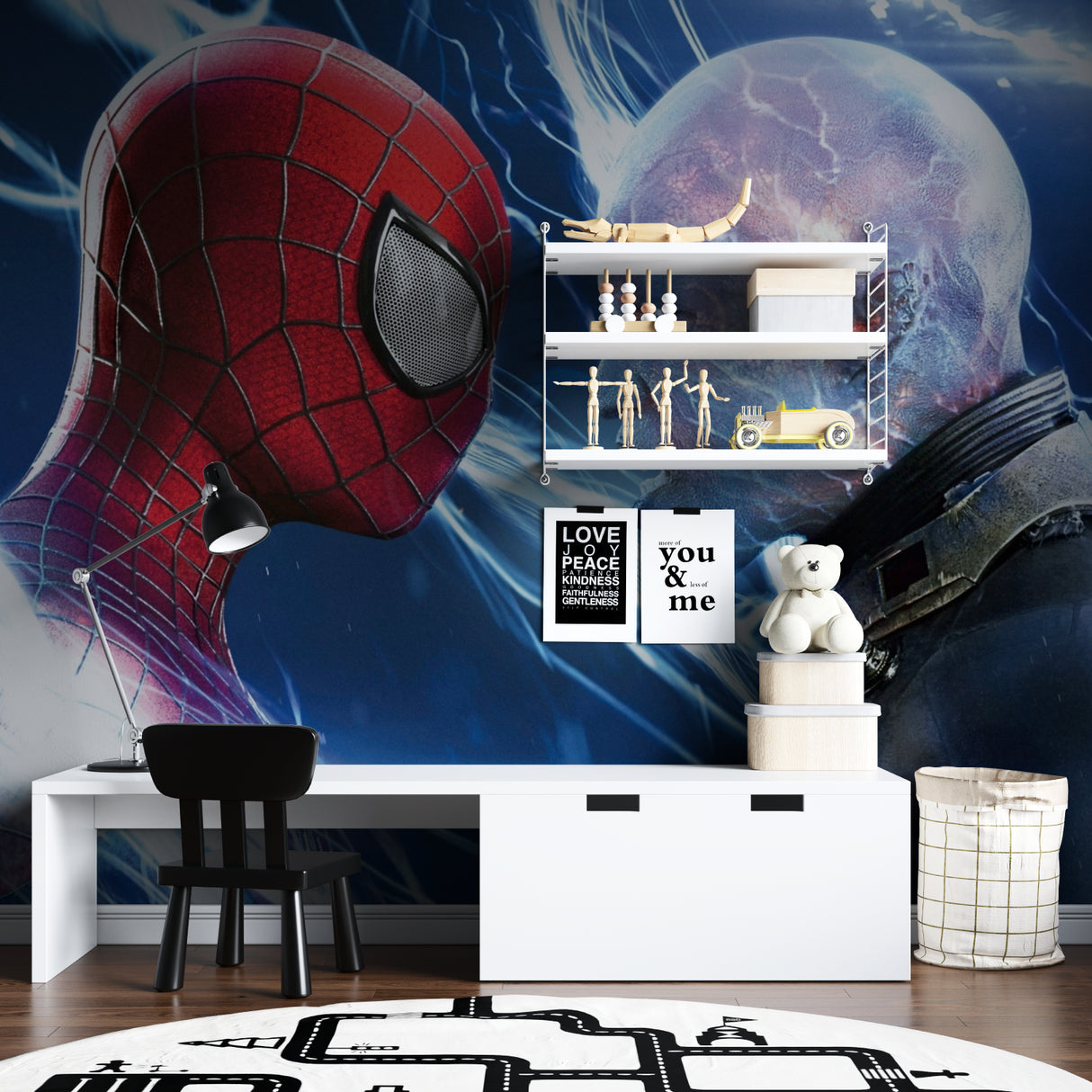 Superhero wall mural featuring Spider-Man in stylish gaming room with LED lights