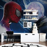 Superhero wall mural featuring Spider-Man in stylish gaming room with LED lights