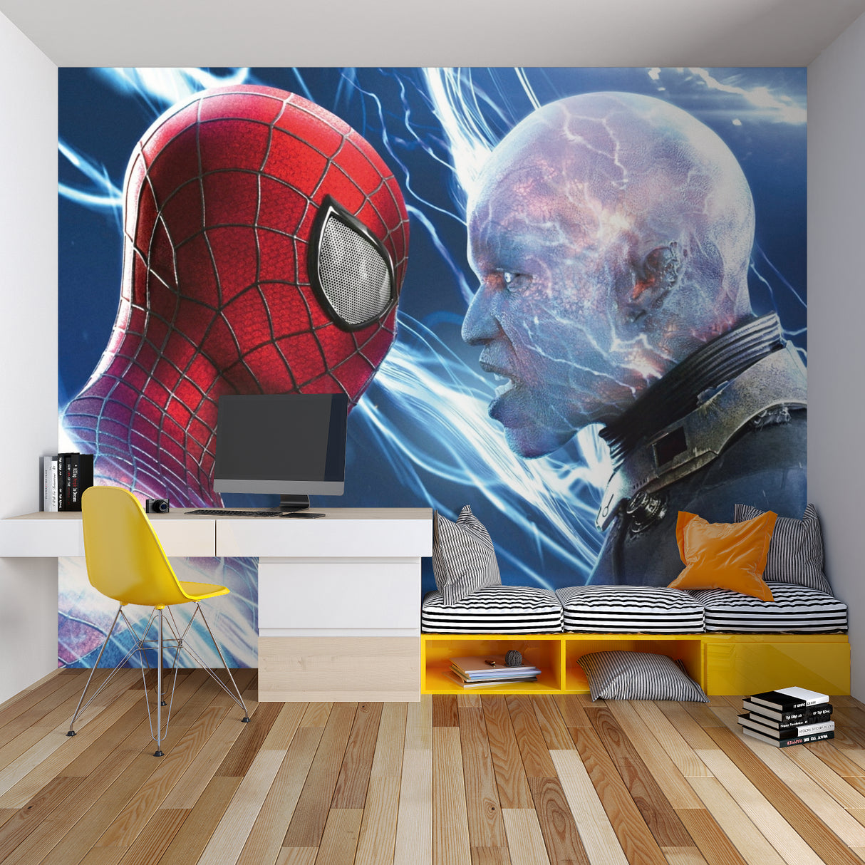 Spider-Man wallpaper mural in kids playroom showing scale and impact