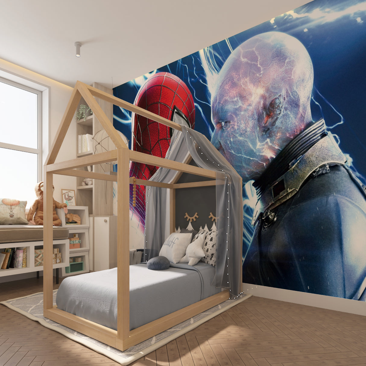 Superhero mural in family entertainment room with movie-theater setup
