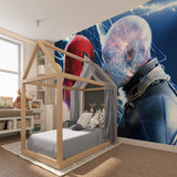 Superhero mural in family entertainment room with movie-theater setup