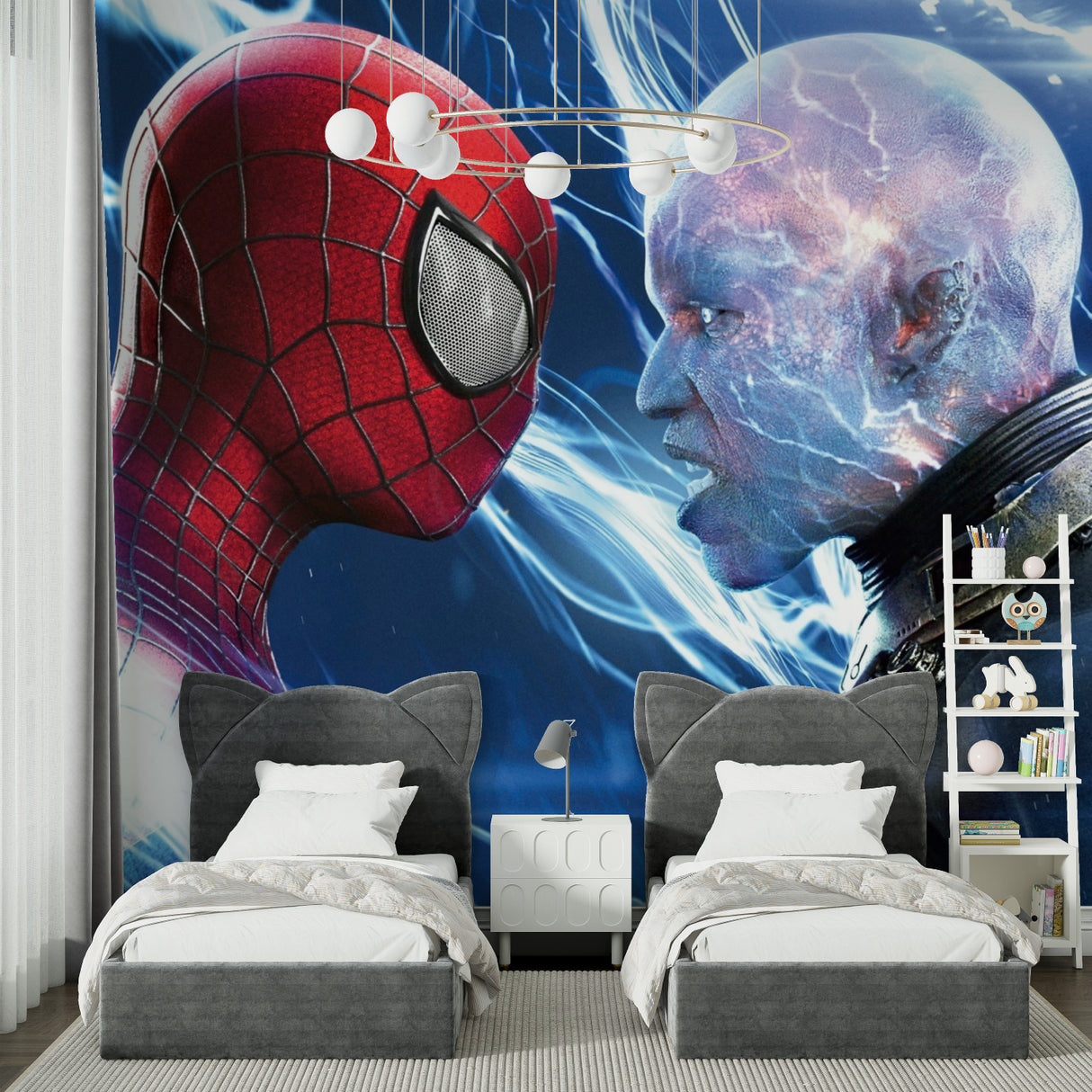 Spider-Man battle scene wallpaper in modern basement recreation area