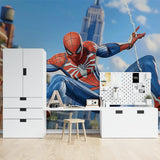 Spider-Man wallpaper mural bringing NYC action to a modern kids bedroom