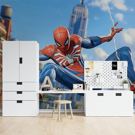 Spider-Man wallpaper mural bringing NYC action to a modern kids bedroom
