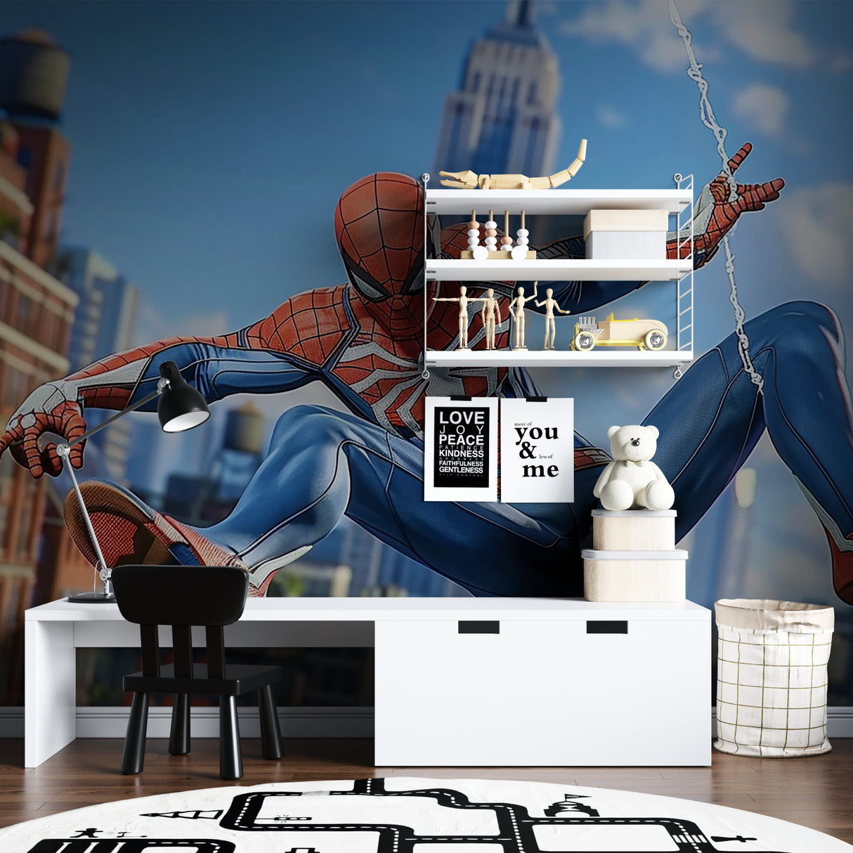 Superhero wall mural showcasing Spider-Man in a teen gaming room