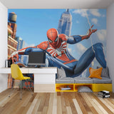 Comic book wall mural featuring Spider-Man installed in a playroom