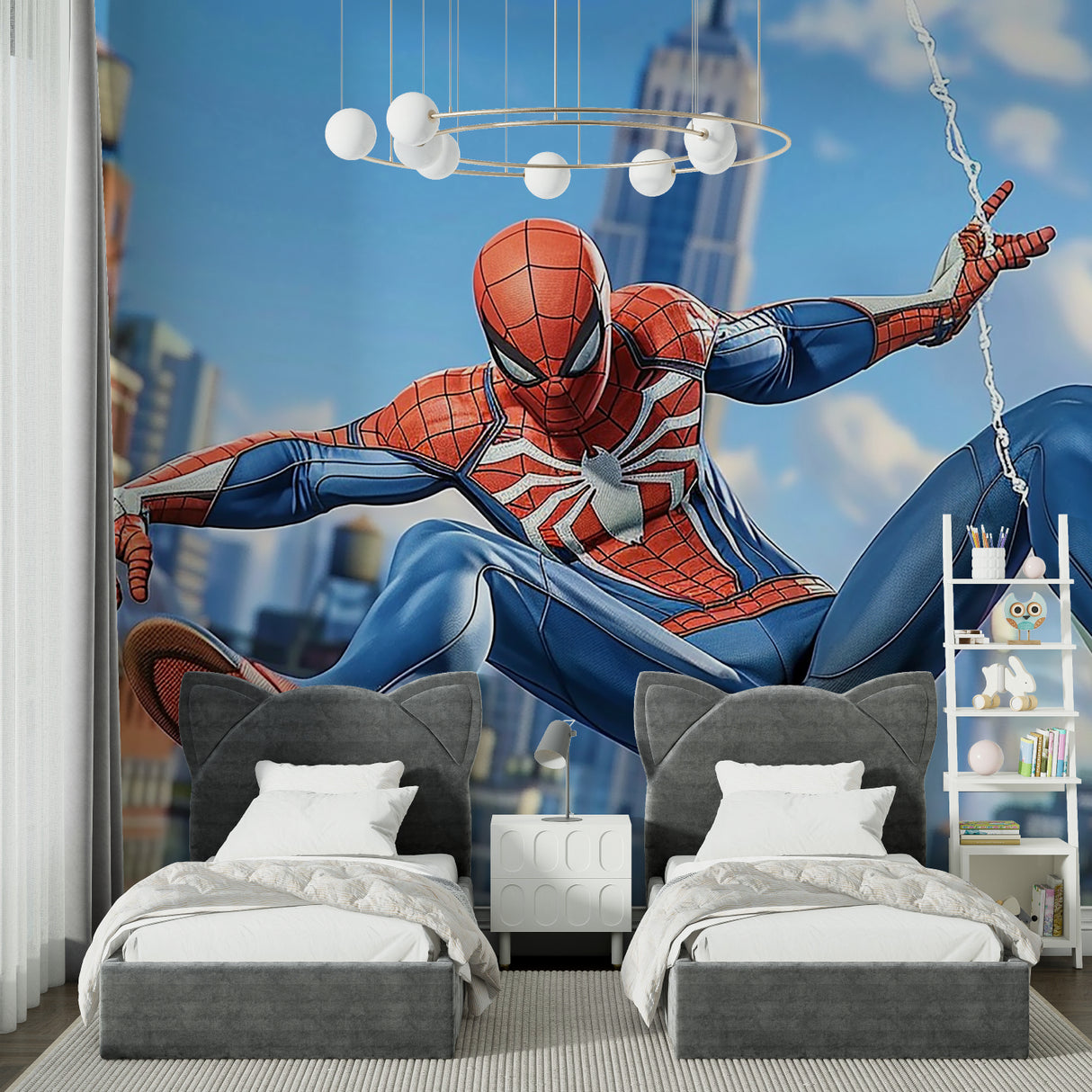 Spider-Man NYC mural wallpaper displayed in a child's study area