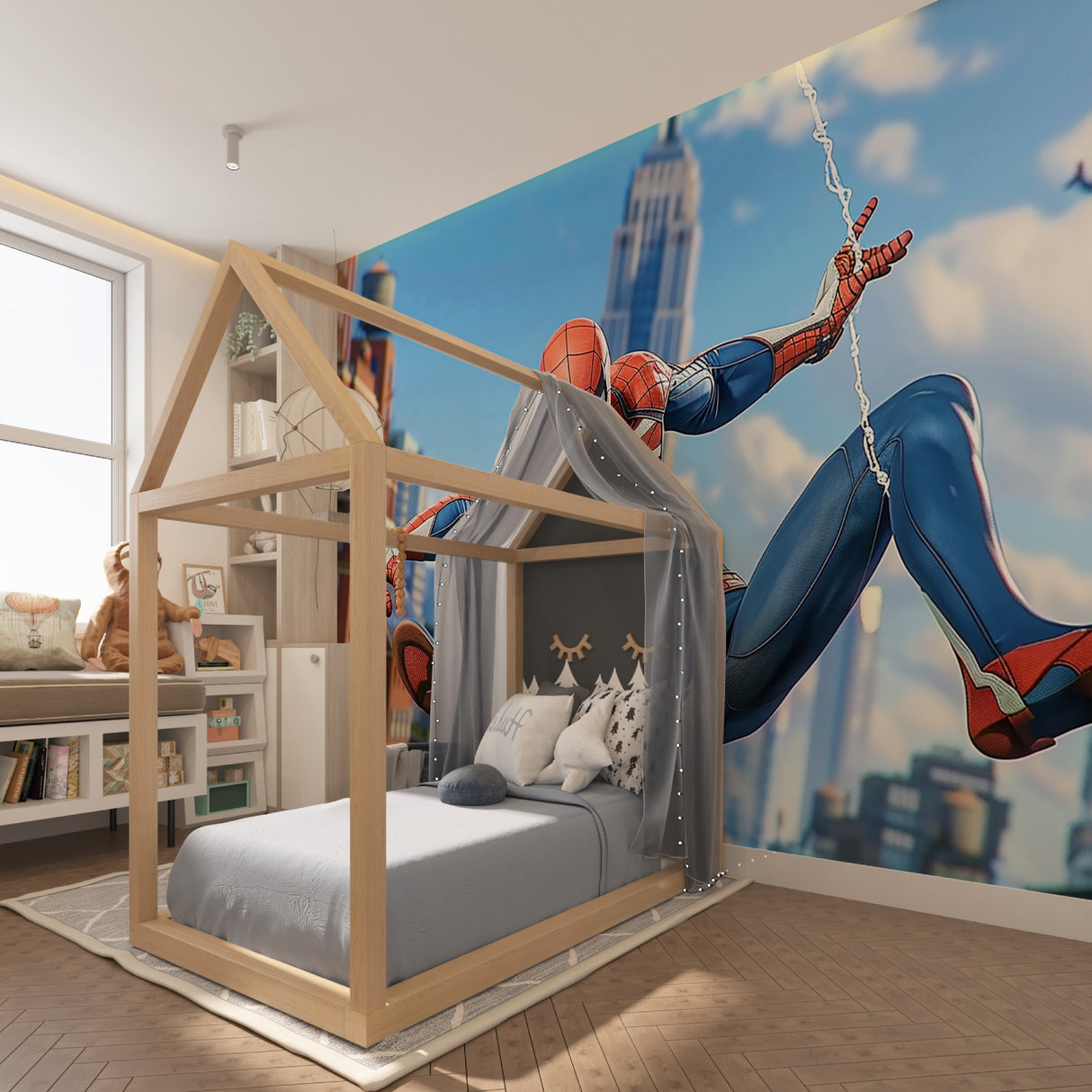 Superhero themed wallpaper bringing urban adventure to a boys room