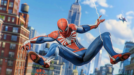 Design file showing detailed Spider-Man swinging through NYC skyline pattern