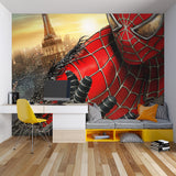 Action hero wallpaper installed in entertainment room with dramatic lighting effects