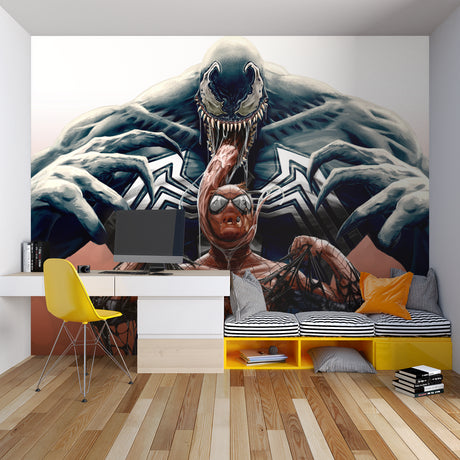 Superhero wall mural creating dynamic atmosphere in modern teen bedroom with gaming setup