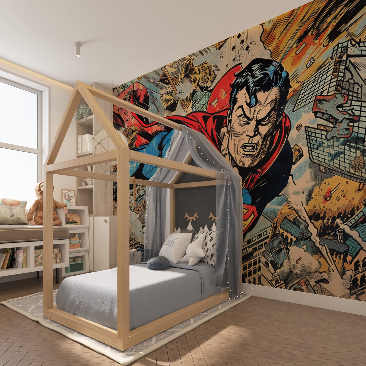 Comic book superhero wallpaper bringing action to a modern teen bedroom with dramatic effect
