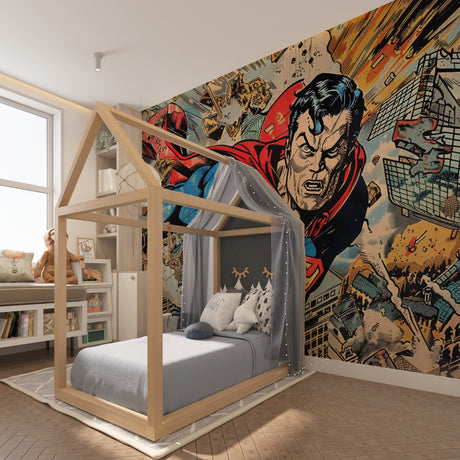 Comic book superhero wallpaper bringing action to a modern teen bedroom with dramatic effect