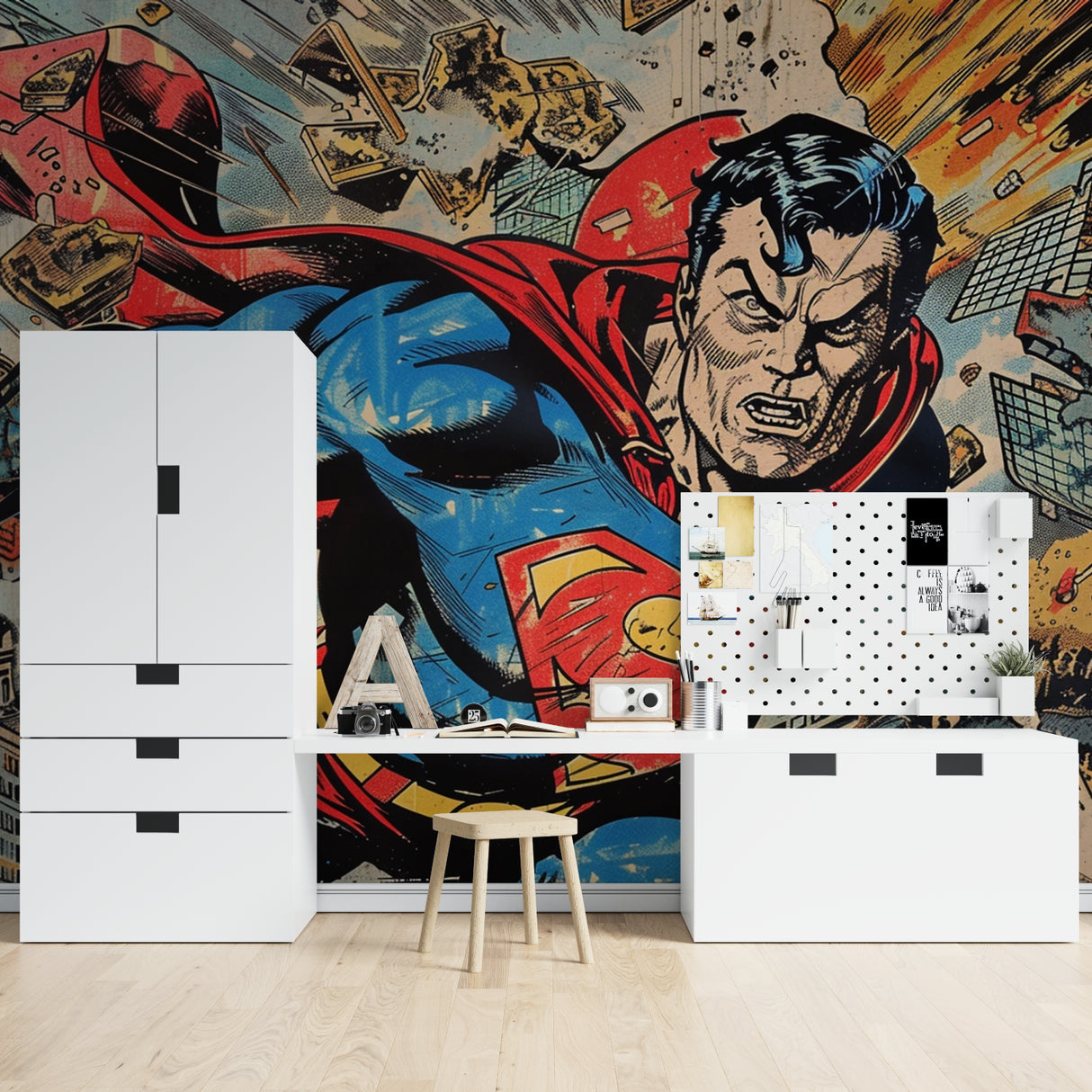 Vintage comic book mural creating energy in a stylish game room space
