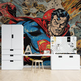 Vintage comic book mural creating energy in a stylish game room space