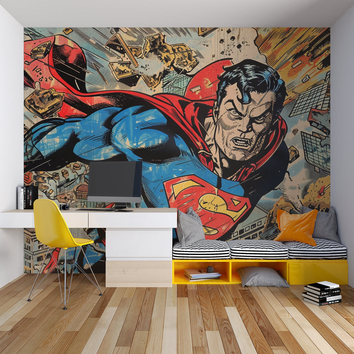 Superhero wall mural adding character to a child's reading nook