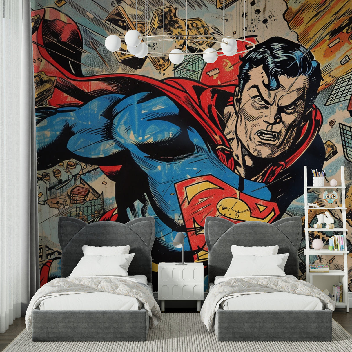 Comic book wallpaper transforming a home office into an inspiring creative space
