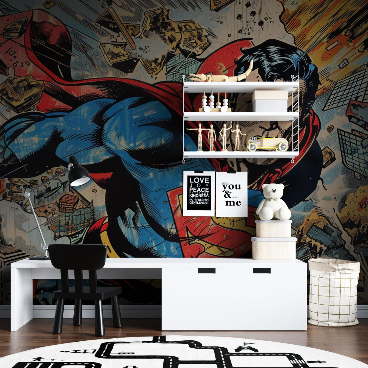 Retro superhero mural making a statement in a modern living room