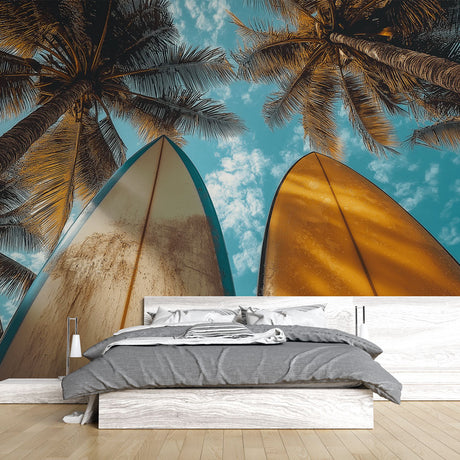 Surf wallpaper creating a bright, airy atmosphere in a modern living room with natural light and coastal decor
