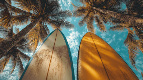 Tropical beach paradise design file showing detailed palm trees and surfboards against turquoise sky