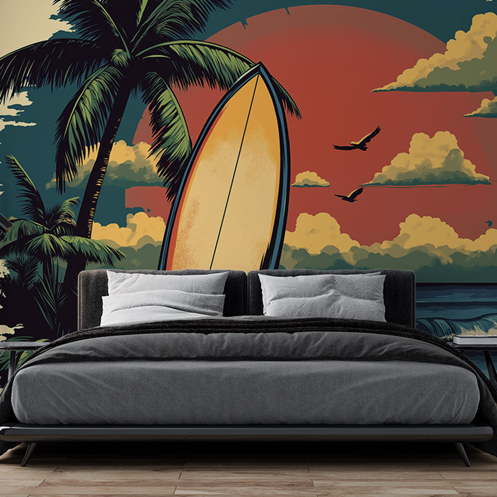 Tropical beach surf wallpaper creating a relaxing atmosphere in a modern living room with natural light