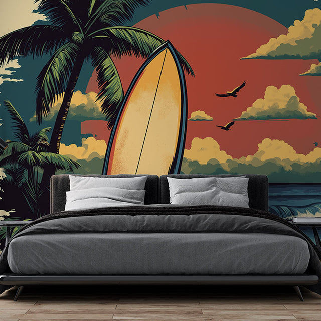 Tropical beach surf wallpaper creating a relaxing atmosphere in a modern living room with natural light