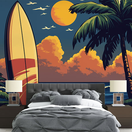 Surf beach wallpaper creating a relaxing atmosphere in a modern living room with coastal decor