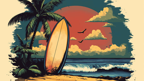 Beach sunset surf wallpaper design file showing detailed palm trees and surfboard illustration