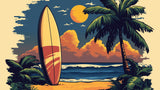 Tropical beach sunset design file showing detailed palm trees and surfboard silhouette