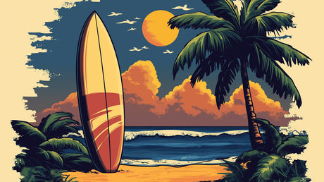 Tropical beach sunset design file showing detailed palm trees and surfboard silhouette