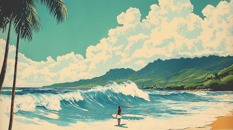 Tropical surf wave wallpaper creating a stunning feature wall in a modern living room with coastal decor