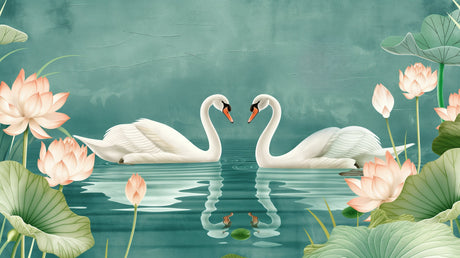 Swan lake wallpaper mural creating a romantic atmosphere in a soft blue bedroom with white furniture