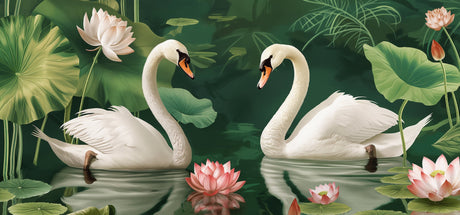 Swan lake wallpaper creating a peaceful atmosphere in a modern living room with soft natural lighting