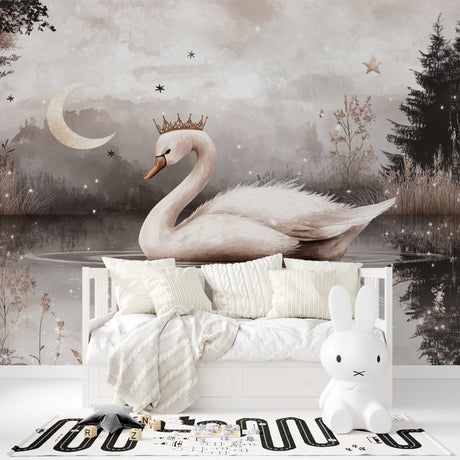 Swan Princess wall mural bringing magic to a girl's bedroom with soft pink accents and dreamy atmosphere
