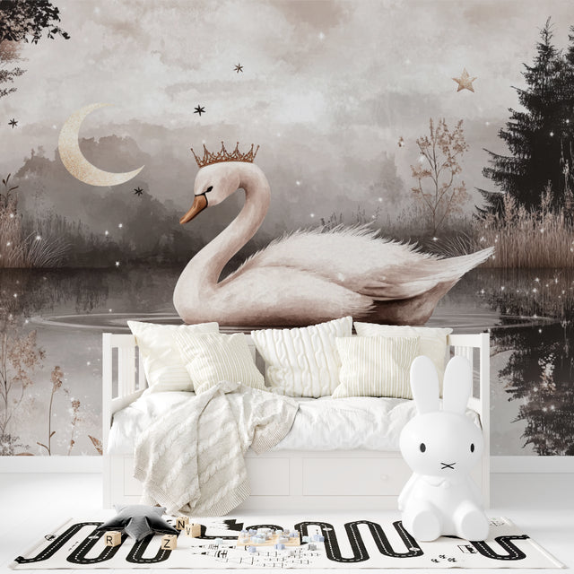 Swan Princess wall mural bringing magic to a girl's bedroom with soft pink accents and dreamy atmosphere