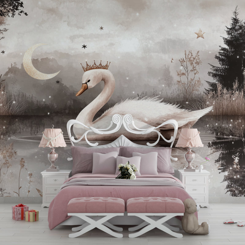 Princess swan wallpaper creating an enchanted nursery with gentle moonlight glow